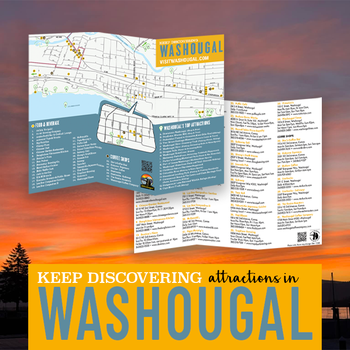 Image of map over a photo of a sunrise. Text reads: Keep discovering attractions in Washougal.